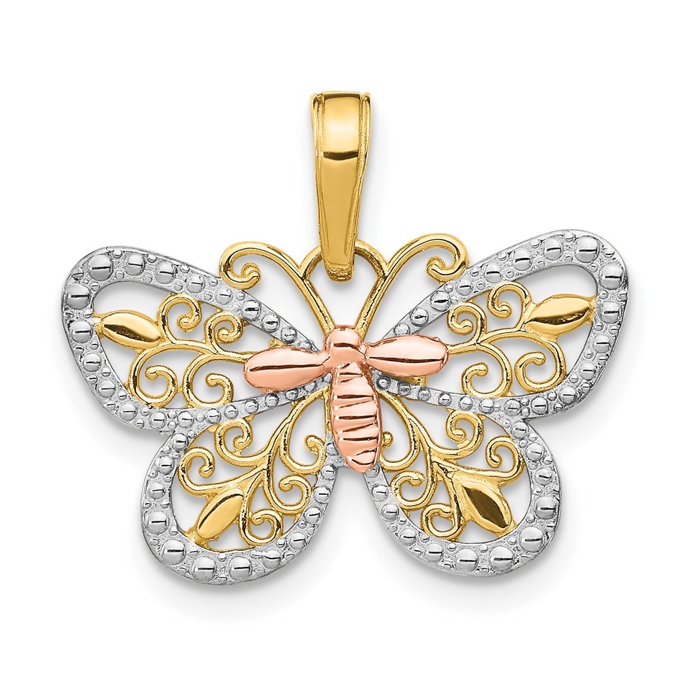 14k Two-tone Genuine Gold White Rhodium Diamond-cut Butterfly Necklace Pendant